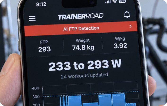 TrainerRoad AI FTP Detection screen showing 233 to 293 W